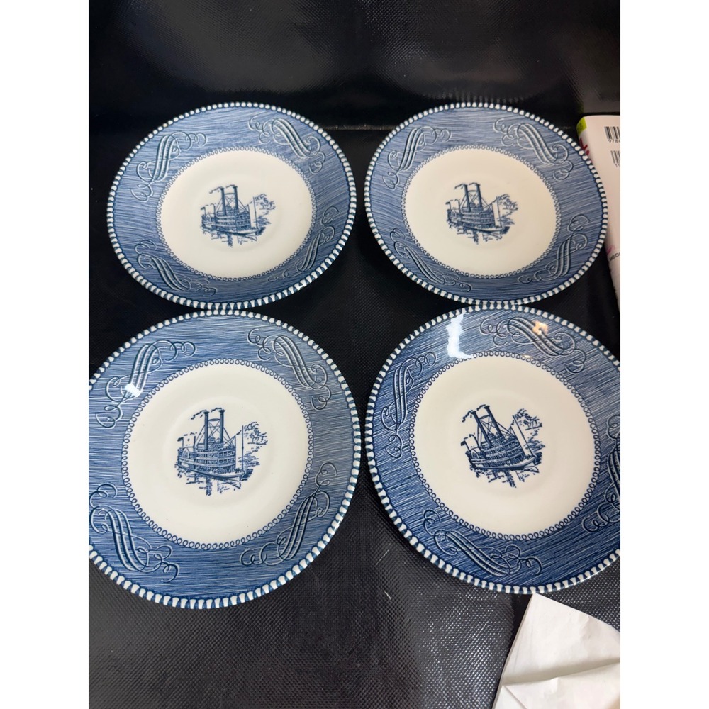 Vintage Currier & Ives Paddle Wheel Riverboat Blue White Saucer plate 6 1/8" ~